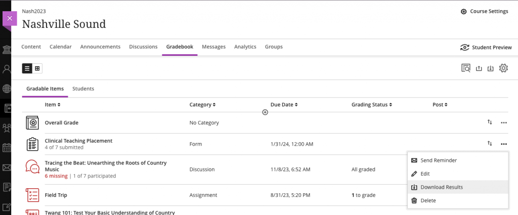 Download Form results from Gradable Items view