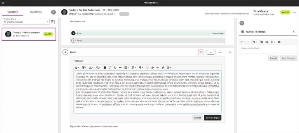 Instructor view of question with saved feedback  