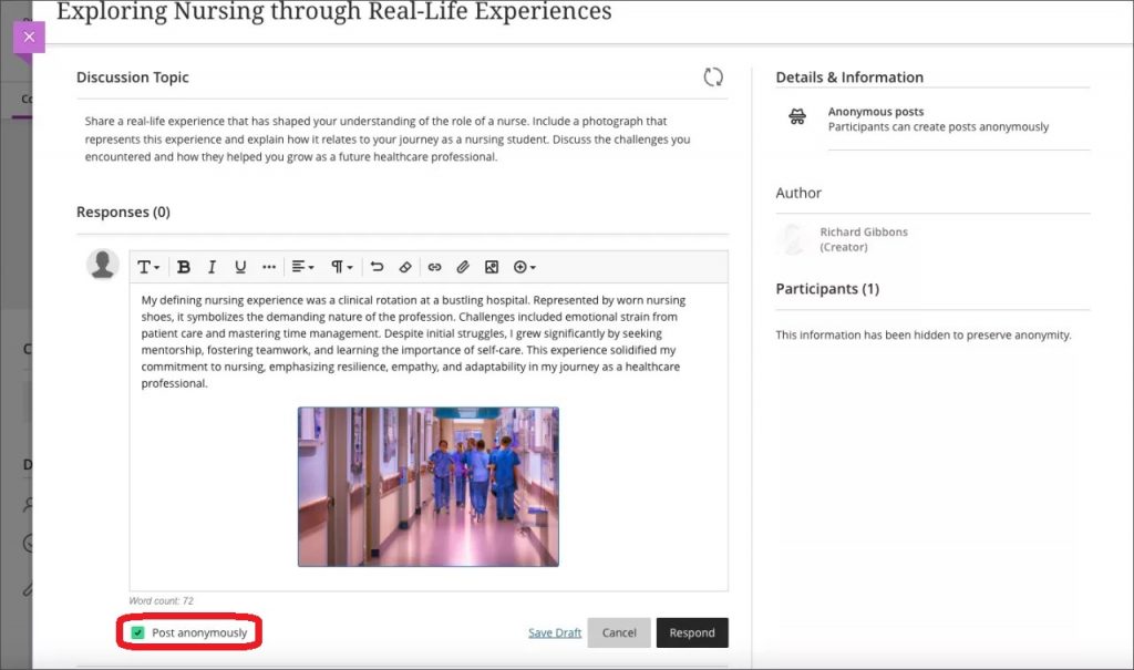 A student making an anonymous post with Post anonymously ticked (highlighted)